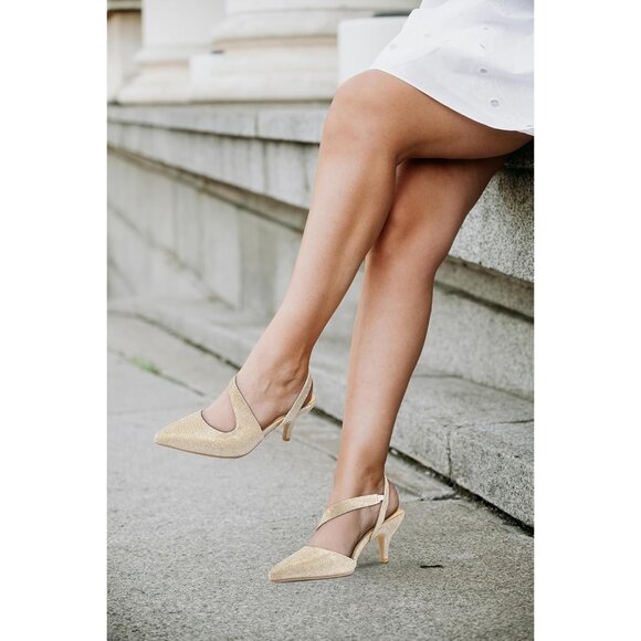 Rhinestone Kitten Gold Low Heel Sparkly Pumps for Women Dressy Wedding Shoes - Picture 4 of 9